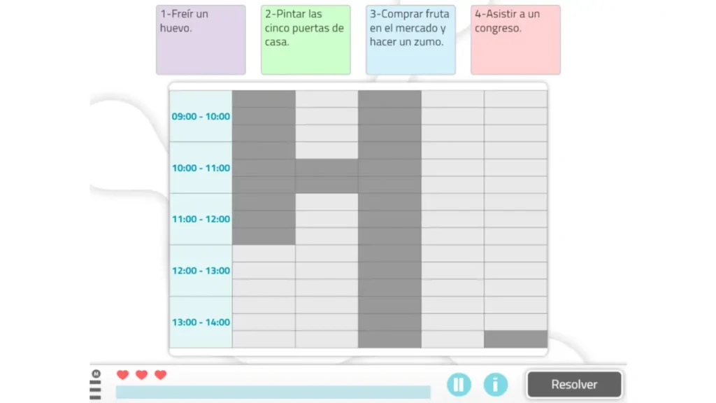 Interface de NeuronUP avec planificateur de tâches : tableau horaire, bloc 4 et quatre tâches avec boutons d'interaction.