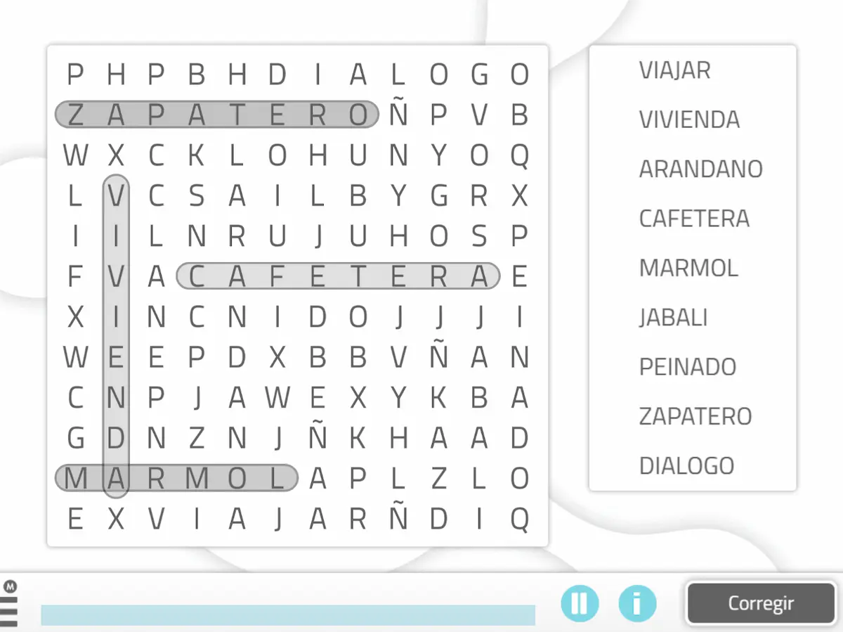 Interface des Mots mêlés sur NeuronUP : mots cachés et liste à droite ; boutons Corriger et Réinitialiser.