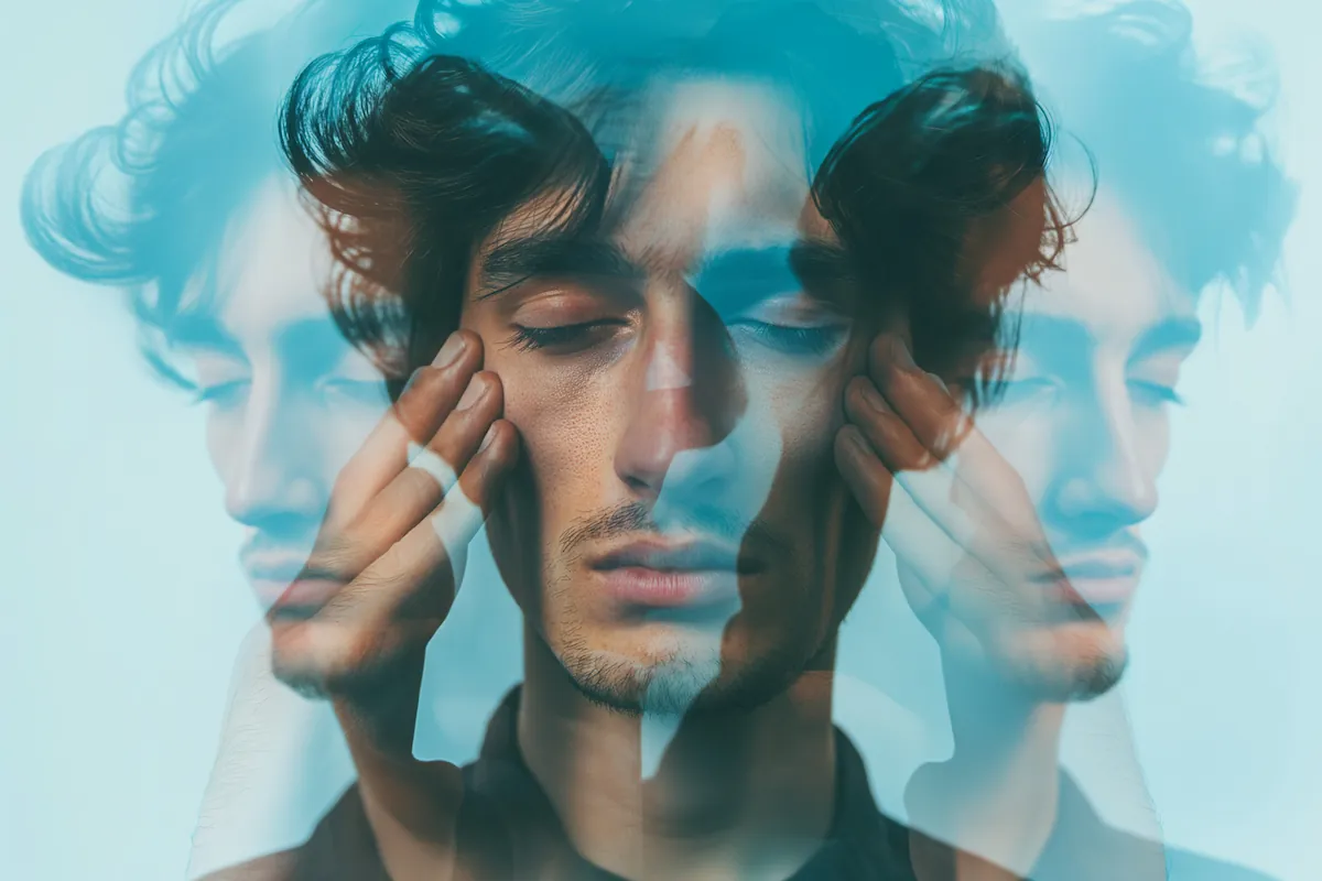 Jeune homme au visage neutre, arrière-plan clair et couches de sa silhouette qui suggèrent l'introspection et l'accent sur la santé mentale.