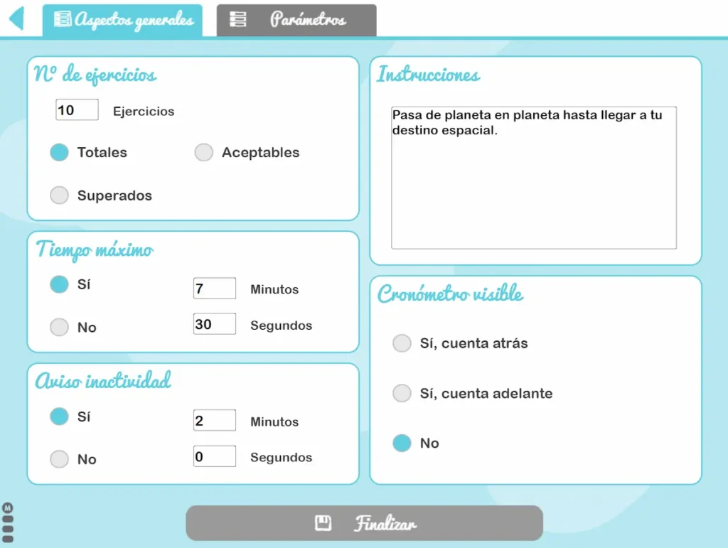 Interface éducative de Conquête spatiale : sections d'aspects généraux, instructions et chronomètre, sur fond bleu.
