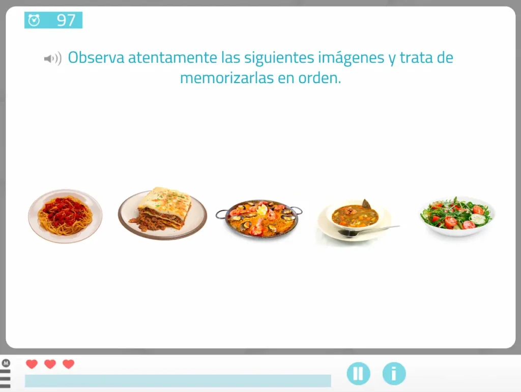 Série d'assiettes de plats alignées de gauche à droite : spaghetti, lasagne, paella, soupe et salade, comme exercice d'ordonner des séquences.