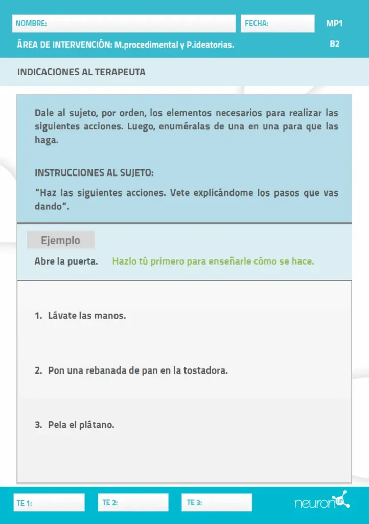 Document structuré pour des indications de mémoire chez les personnes âgées, avec des champs pour le nom et la date ainsi que l'intervention et les étapes.