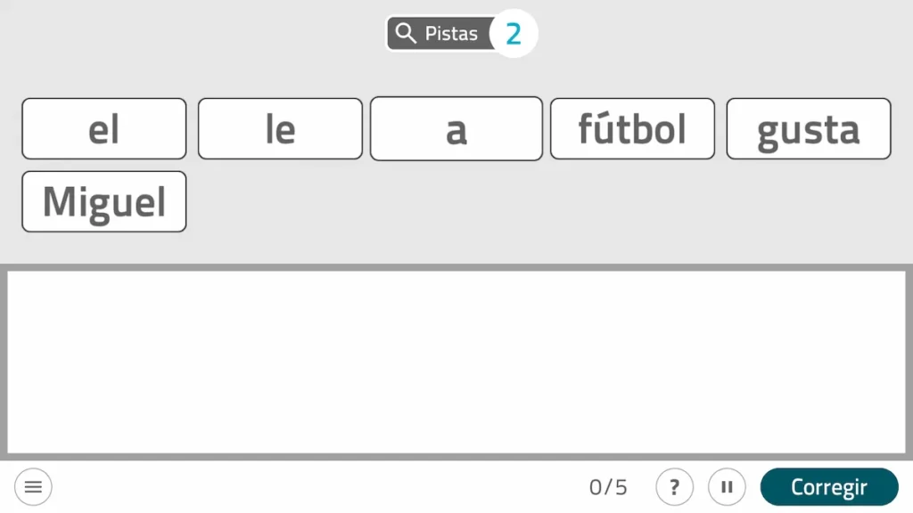 Interface de NeuronUP pour une tâche de langage : mots visibles ('el','le','a','Miguel') pour former une phrase.