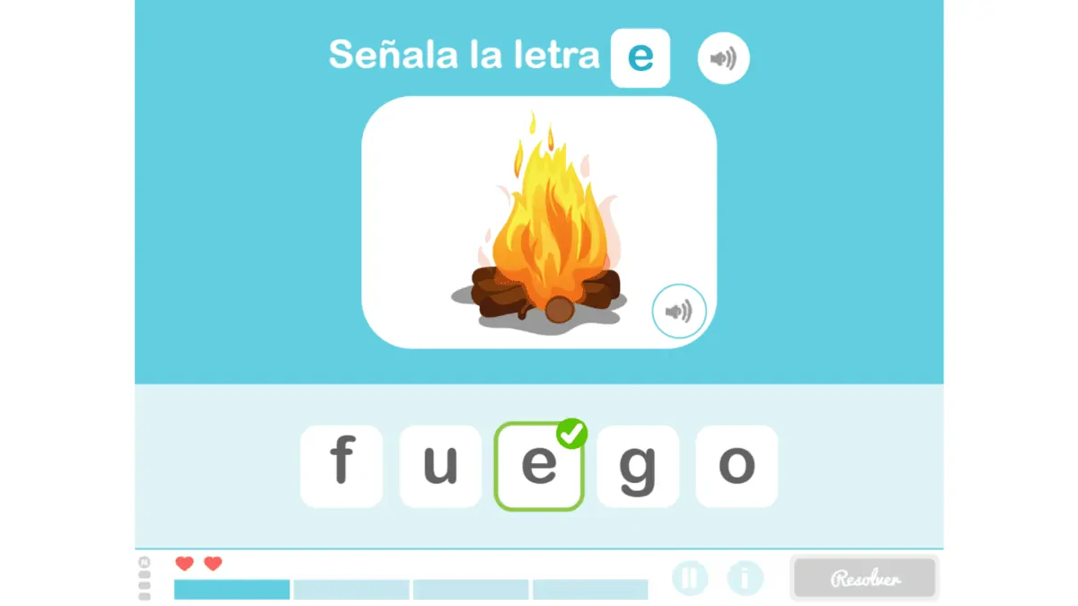 Fiche de NeuronUP pour travailler le vocabulaire et la discrimination chez les enfants : Détective de lettres.