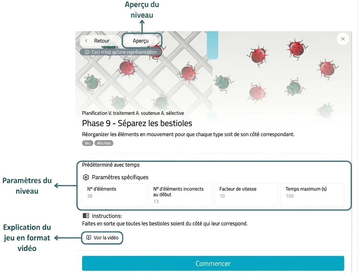Capture d'écran de la configuration de NeuronUP : interface de jeu avec Phase 9 - Séparer les insectes et réglages de niveau.