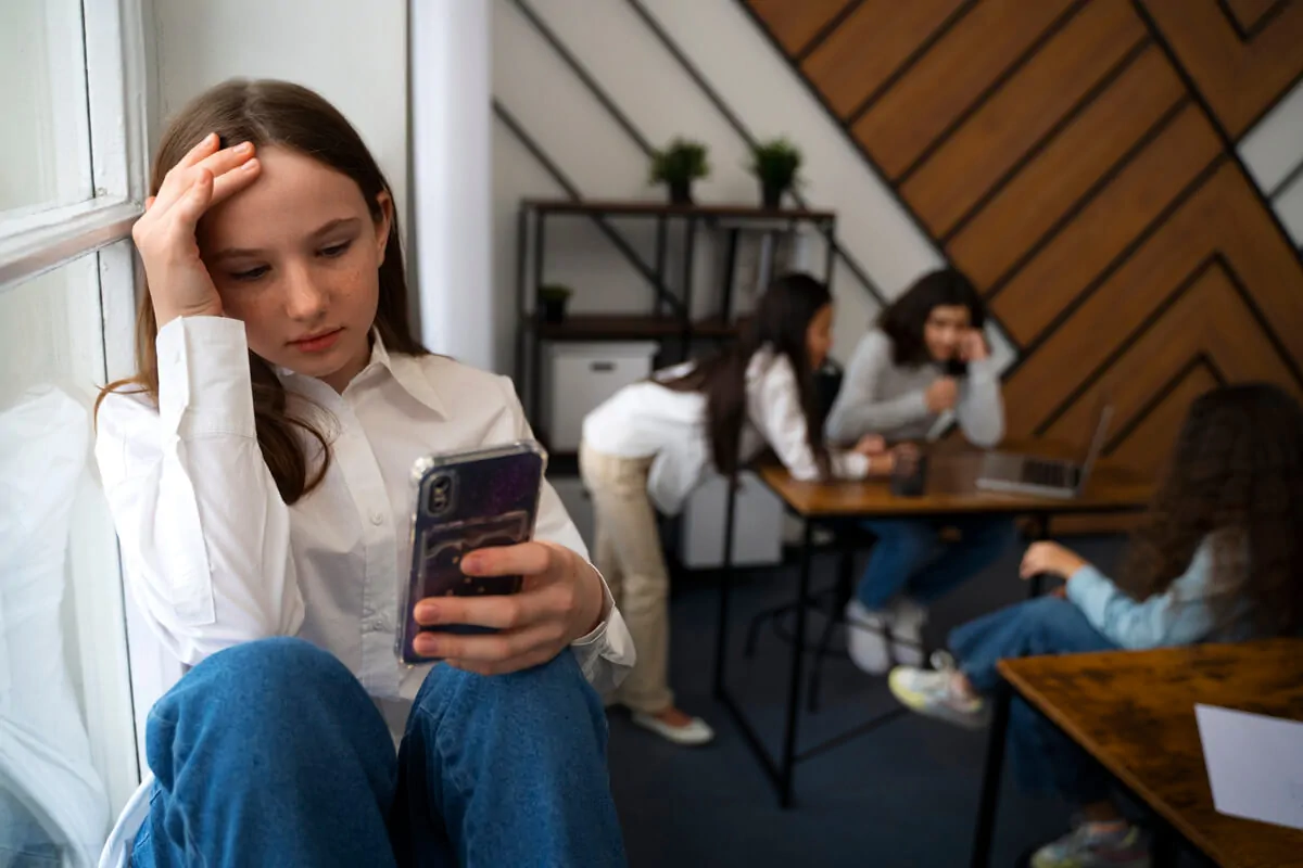 Illustration d'une personne entourée d'écrans et de notifications qui représente le FOMO à l’ère numérique