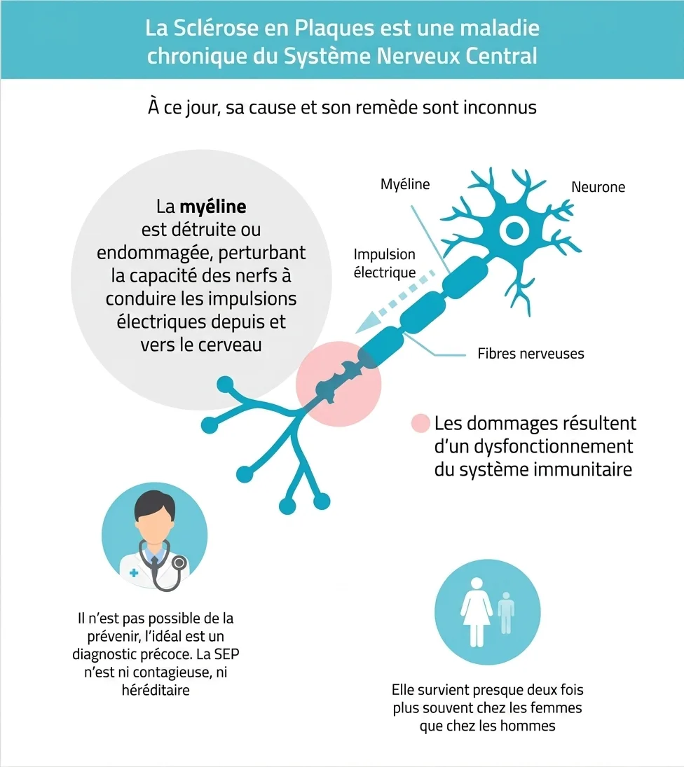 Illustration du cerveau avec des zones mises en évidence montrant des lésions de la sclérose en plaques et mettant l'accent sur la myéline.