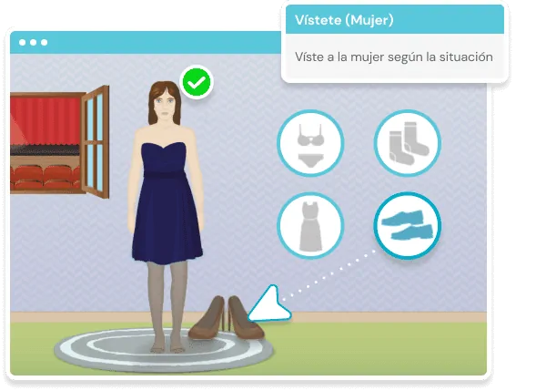 Interface de Habille-toi sur NeuronUP : femme interagit avec des icônes de vêtements (soutien-gorge, robe, chaussettes) et cercle vert d'action.