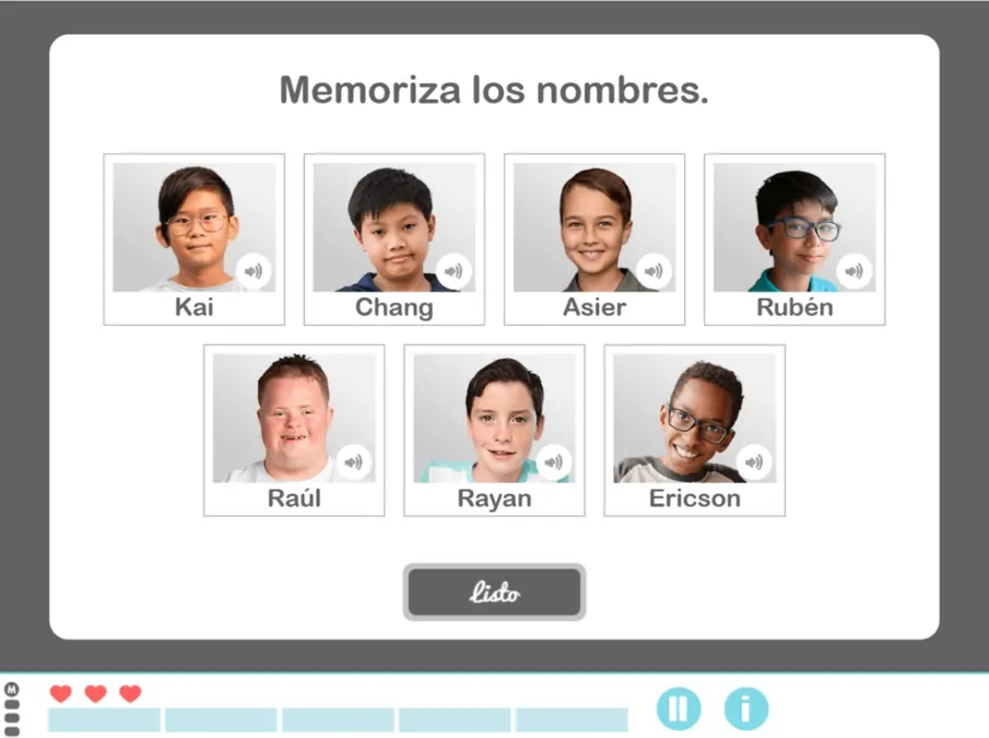 Interface du jeu pour apprendre les noms des enfants : huit portraits avec les noms en dessous, bouton 'prêt' et composants interactifs.