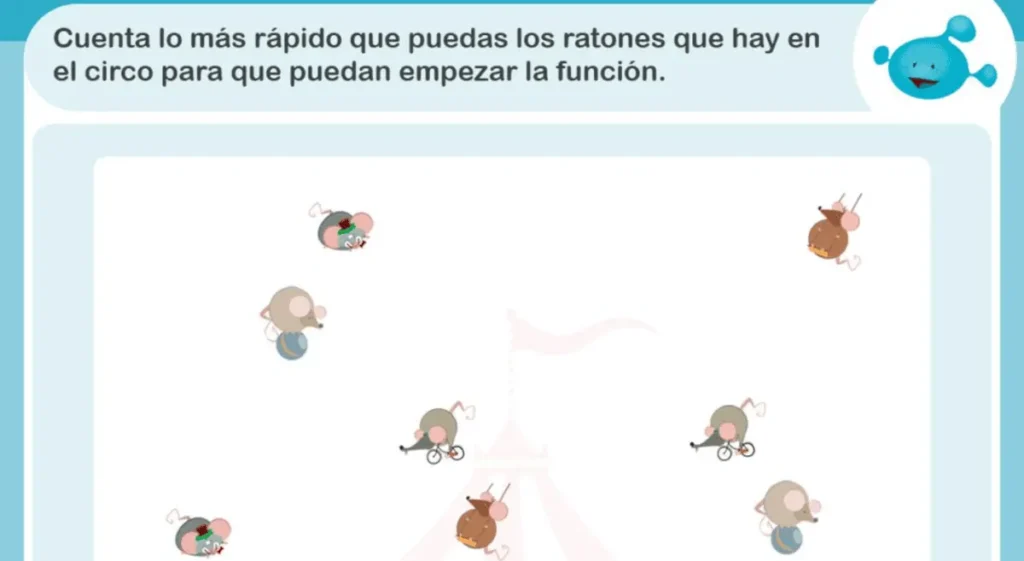 Cirque coloré avec des souris dans différentes postures ; certaines à vélo, d'autres en mouvement, image pour l'attention soutenue chez les adultes et les enfants.