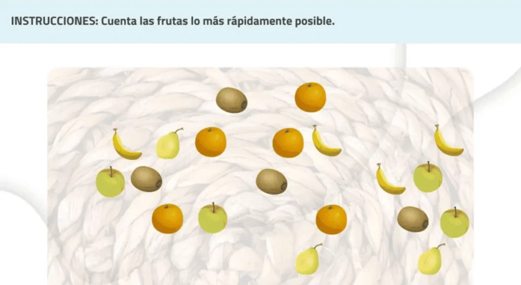 Fond clair avec motif sinueux et fruits disposés : bananes, oranges, poires et pommes, indiquant de compter rapidement.
