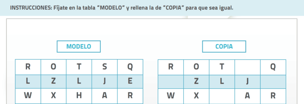 Tableau avec MODÈLE et COPIE et grille de lettres ; copier le MODÈLE dans la COPIE pour l'entraînement de l'attention soutenue dans NeuronUP.