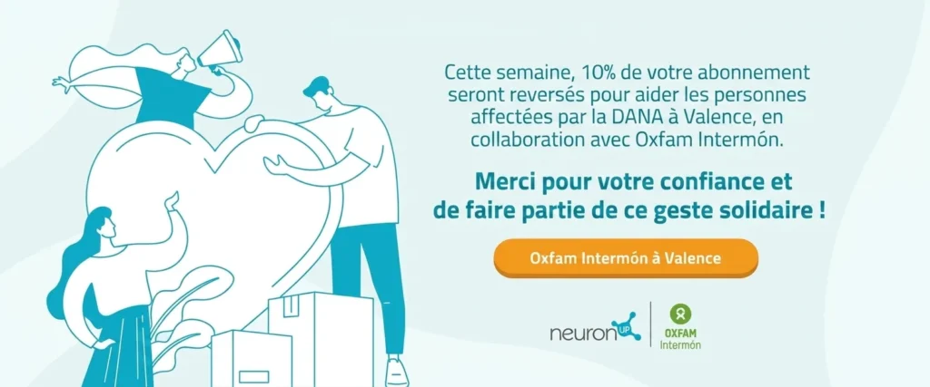 Mensaje informativo sobre donación del 10% de suscripciones para DANA en Valencia, con logos de NeuronUP y Oxfam Intermón.