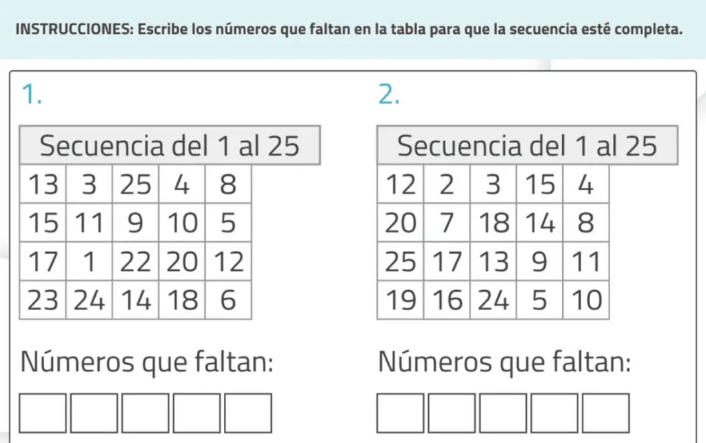 Fiche d'attention soutenue : deux tableaux avec des séquences de 1 à 25, avec des numéros manquants à compléter.