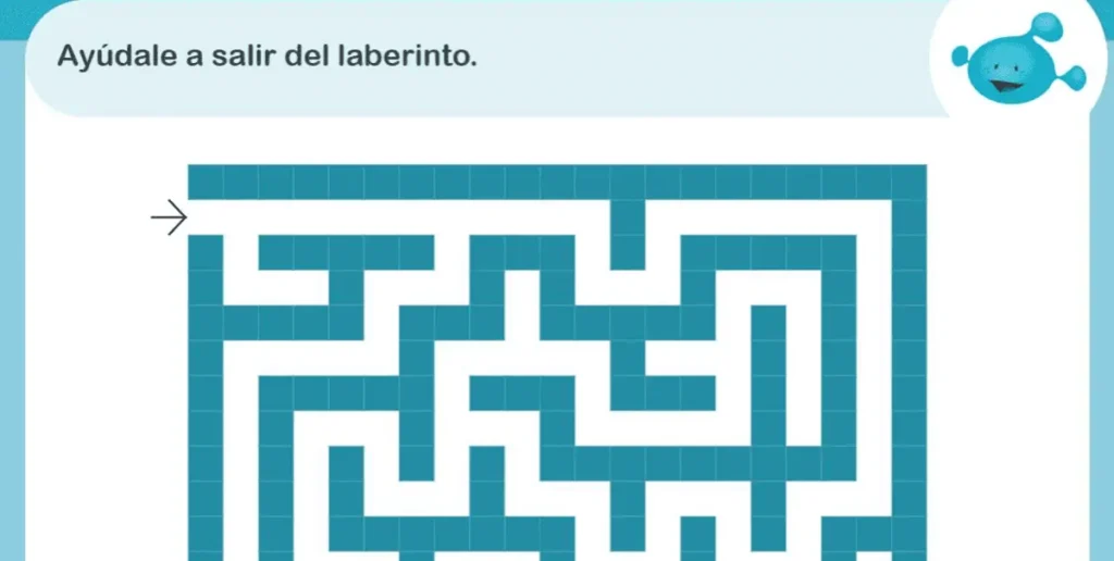 Labyrinthe de NeuronUP en blocs bleus sur fond clair ; départ à gauche et chemin vers le centre pour l'attention soutenue.