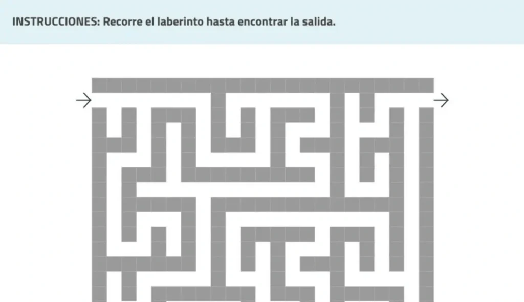 Labyrinthe en tons gris avec des couloirs et des flèches ; indique de parcourir jusqu'à la sortie, un exercice d'attention soutenue.