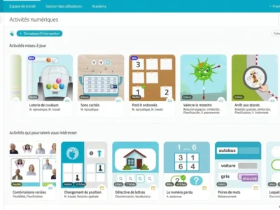 Interface de NeuronUP à l'écran avec Activités, Gestion des utilisateurs et Academy, et des cartes d'exercices pour la rééducation cognitive.
