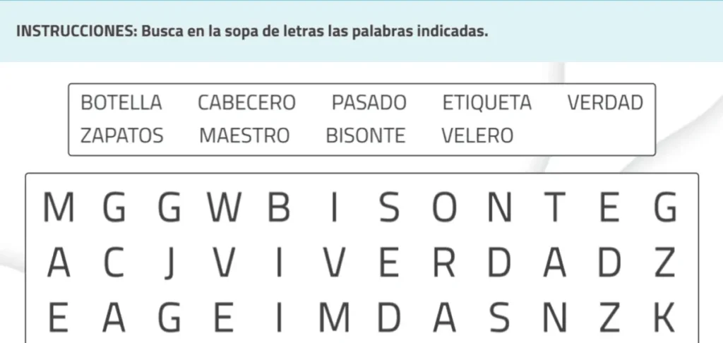 Mots mêlés avec la marque NeuronUP, liste de mots à chercher et une grille de lettres pour exercer l'attention soutenue.