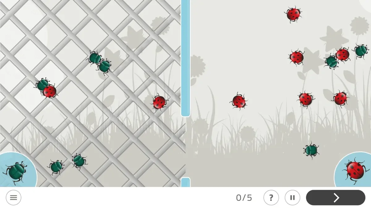 Interface de NeuronUP : grille avec insectes verts et rouges, barre de progression et décompte des éléments à trouver.