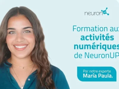 Une jeune femme souriante fait la promotion de la formation en activités numériques de NeuronUP, avec mention de María Paula dans le texte promotionnel.