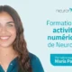 Une jeune femme souriante fait la promotion de la formation en activités numériques de NeuronUP, avec mention de María Paula dans le texte promotionnel.