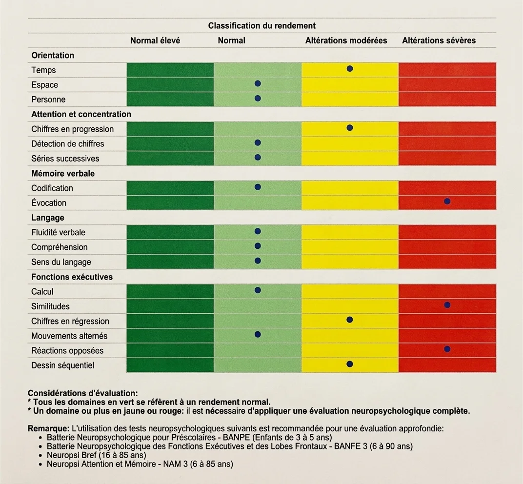 Tableau de classification neuropsychologique avec des domaines tels que attention, mémoire et langage, en couleurs vert, jaune et rouge.