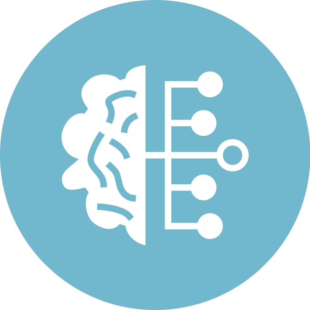 Icône stylisée d'un cerveau divisé: gauche formes ondulées, droite avec cercles et lignes; fond bleu clair.