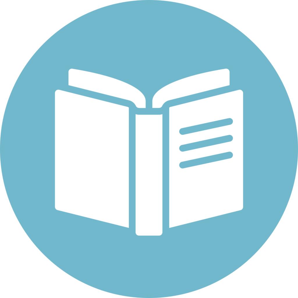 Icône d’un livre blanc ouvert sur un fond circulaire bleu, pages légèrement écartées et des lignes de texte visibles sur une des pages.