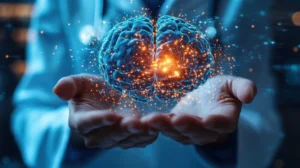 Un professionnel en blouse blanche tient un cerveau tridimensionnel fait de lumière, entouré d'étincelles, sur fond sombre.
