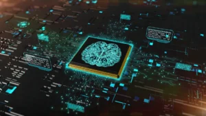 Conception technologique avec un cerveau au centre, entouré de circuits et de lumières, symbolisant l'IA en rééducation cognitive.