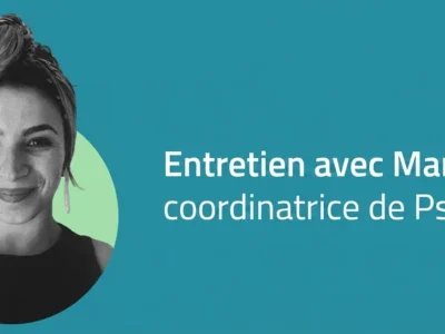 Conception graphique sur fond uni ; photo à gauche d'une femme portant un foulard et texte à droite : entretien avec Mar Piquer, coordinatrice de PsicoNED.