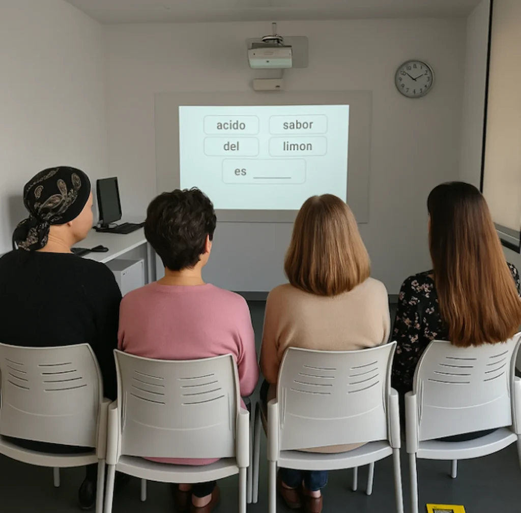 Quatre utilisatrices dans une unité de centre de jour observent une projection tout en utilisant NeuronUP sur des tablettes pendant une séance.