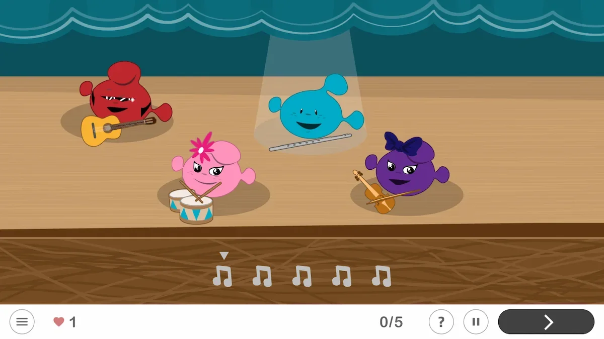 Quatre personnages animés sur une scène, chacun d'une couleur différente, jouant de la guitare, de la batterie, d'une petite flûte et du violon.