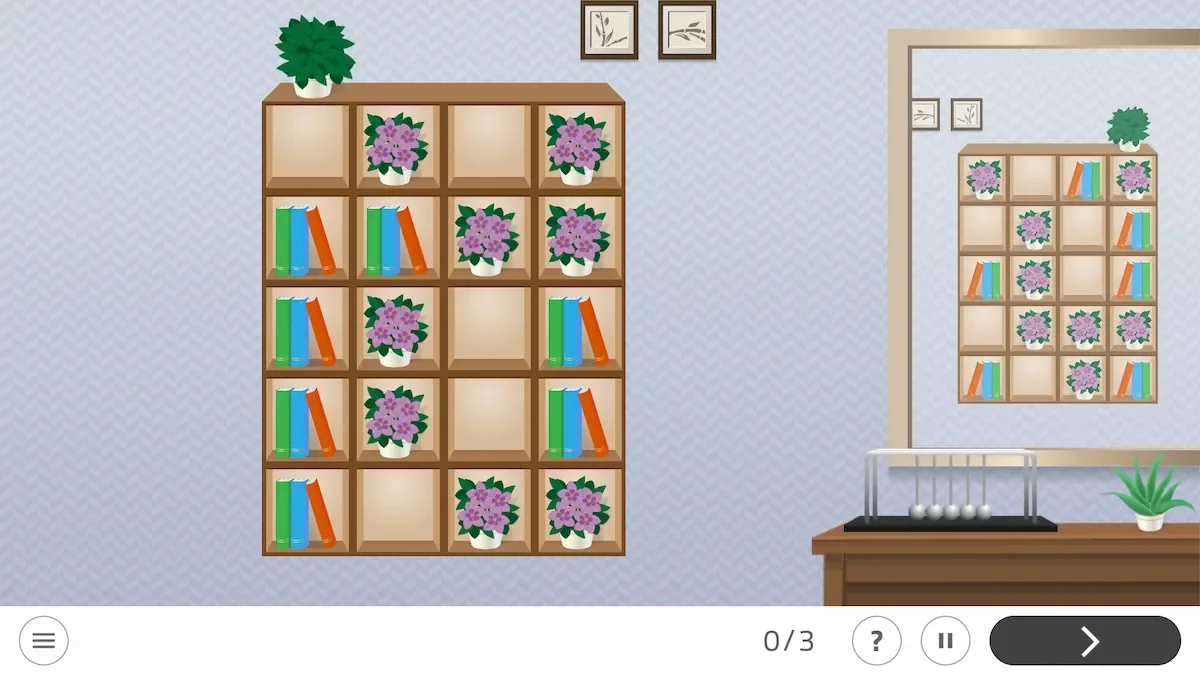 Étagère en bois avec des livres bleus et oranges, des plantes violettes et un miroir ; montre une tâche de rangement, avec 'Terminer' visible.
