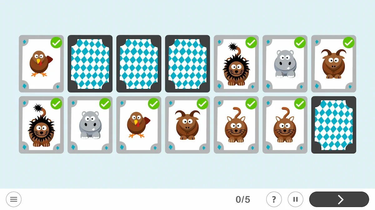 Jeu de mémoire d'animaux sur NeuronUP avec des cartes montrant un oiseau, un lion et un hippopotame ; certaines retournées, paires vérifiées et Terminer.