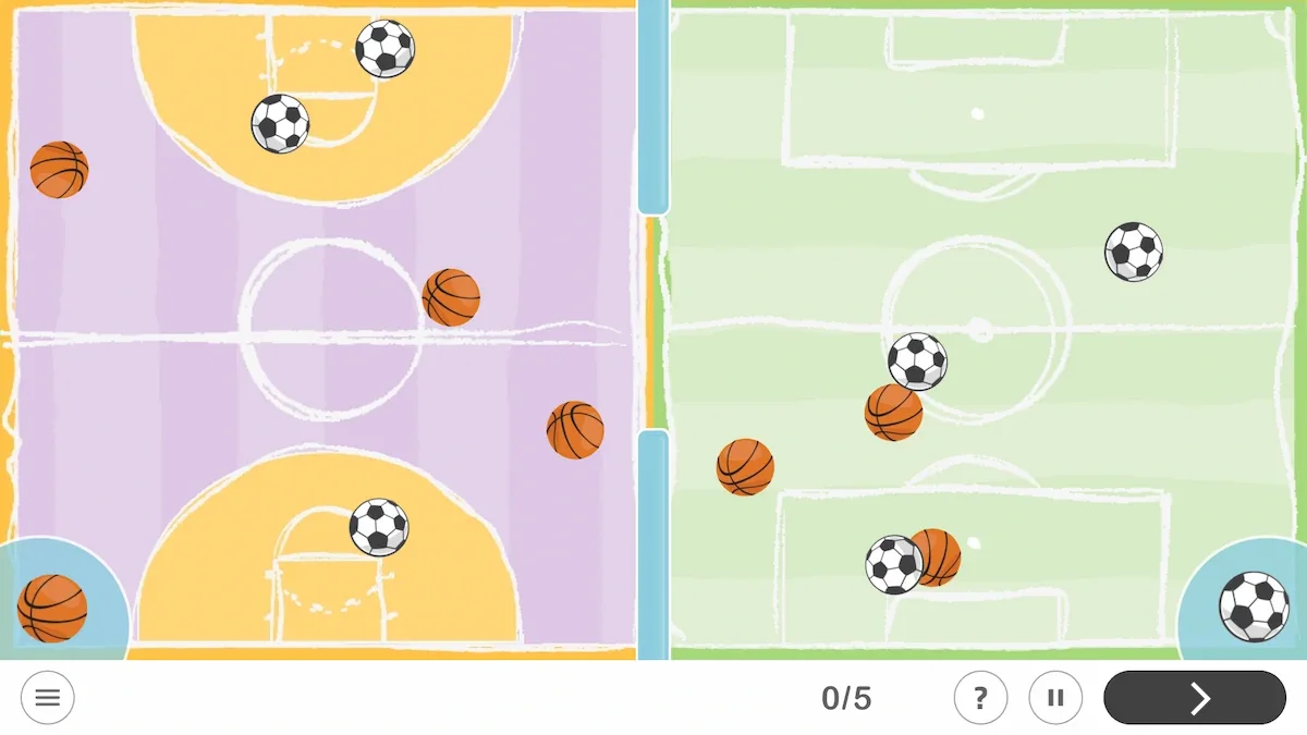 Capture de l'interface de NeuronUP avec deux terrains de jeu : basket et football, objets à collecter, compteur et bouton Terminer.