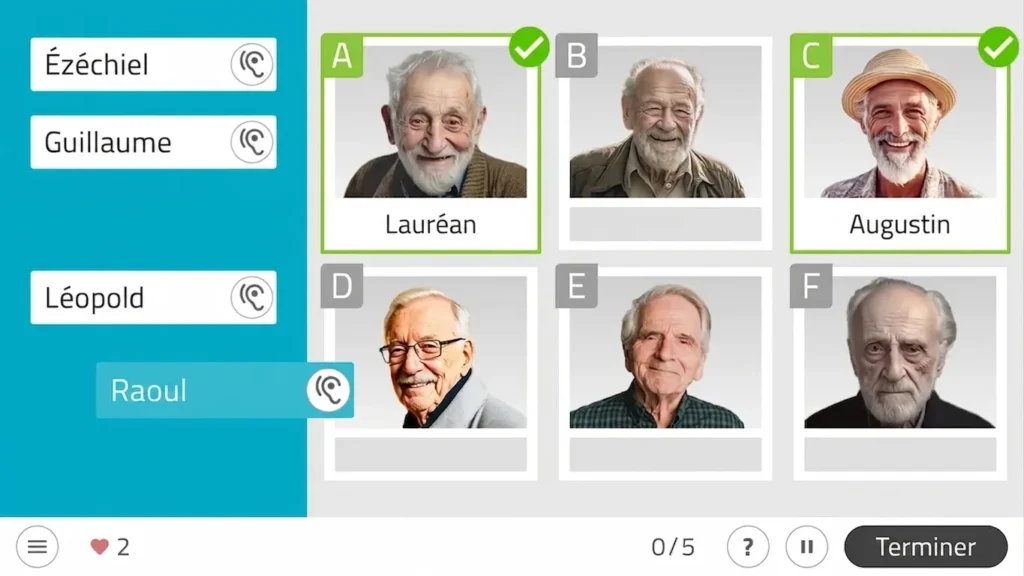 Six portraits d'hommes âgés, avec les lettres A–F et les noms à gauche, pour entraîner la mémoire épisodique dans NeuronUP.