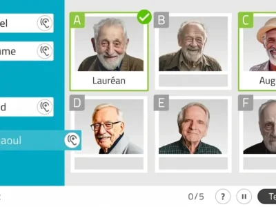 Six portraits d'hommes âgés, avec les lettres A–F et des noms à gauche, pour entraîner la mémoire épisodique dans NeuronUP.