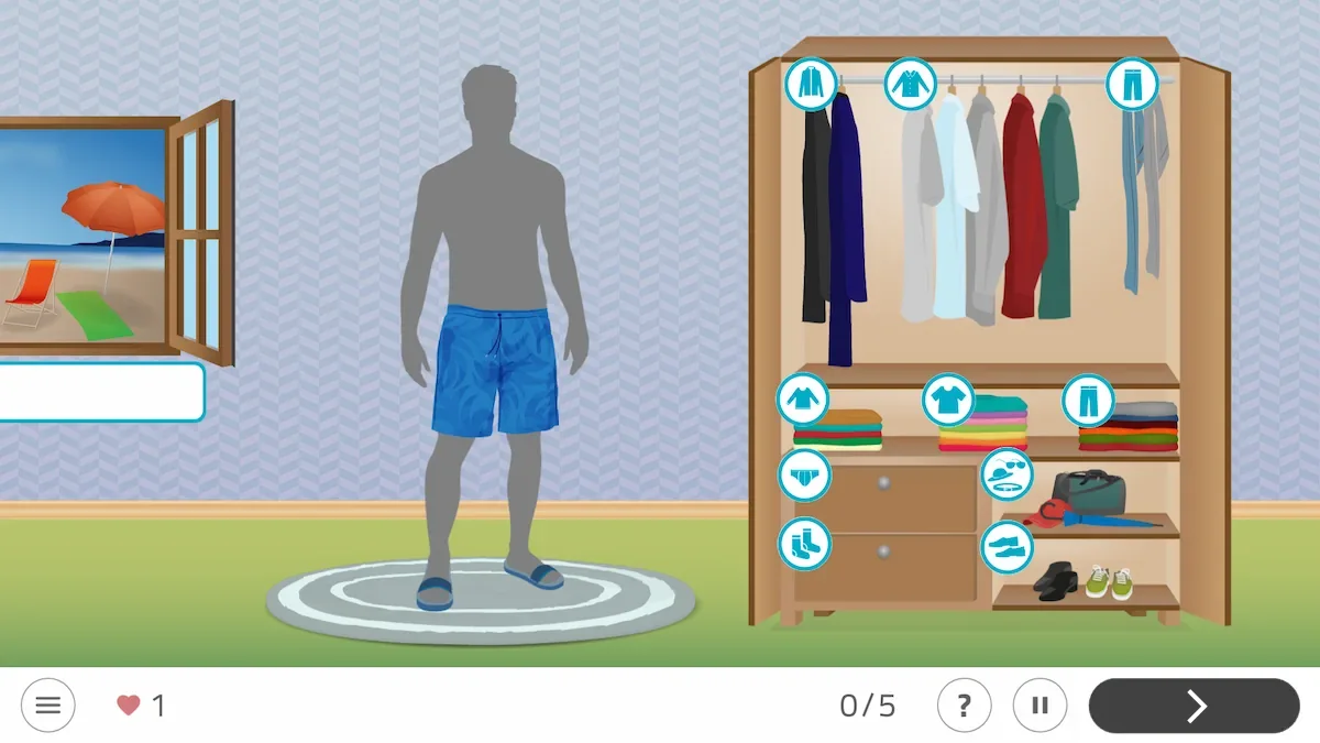 Personnage masculin dans un environnement virtuel Habillez-vous NeuronUP, devant une armoire avec des vêtements et des icônes; fenêtre avec plage et compteur.