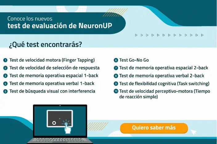 Annonce de NeuronUP Assessment avec batteries d'évaluation : vitesse motrice, mémoire de travail verbale et spatiale, recherche visuelle, Go-No Go et flexibilité, avec bouton 'Je veux en savoir plus'.