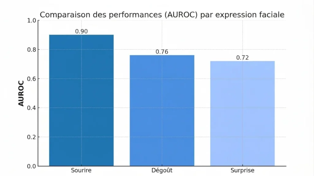 Diagramme comparant l'AUROC du modèle selon les expressions faciales : sourire, dégoût et surprise.