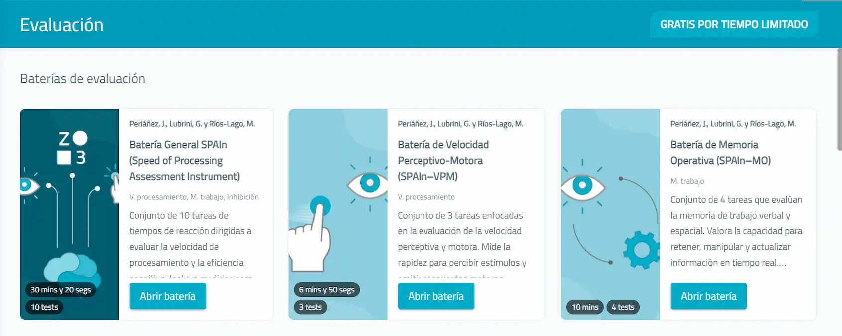 Interface d'évaluation de NeuronUP Assessment, avec la section Évaluation et les batteries telles que General SPAIn, SPAI VPM et Mémoire de travail, ainsi qu'une annonce.