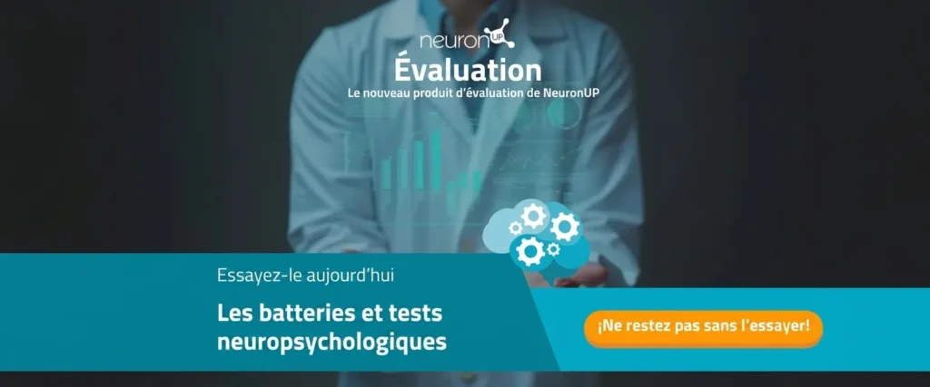 Couverture publicitaire de NeuronUP Assessment avec graphique de données, titre et slogan, CTA pour essayer des batteries d'évaluation.