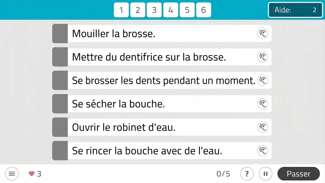 Interface de NeuronUP pour ordonner les étapes du lavage du linge : cartes avec actions et zone de texte à l'écran.