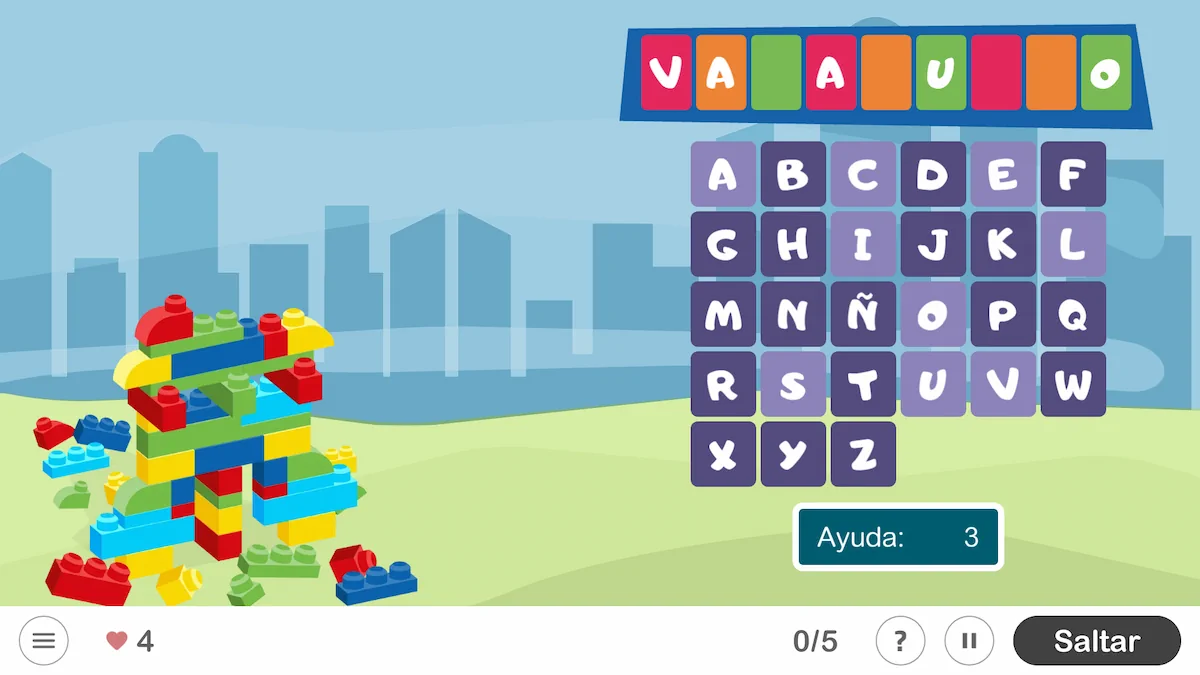 Illustration de NeuronUP avec des blocs LEGO à gauche et un panneau de l'alphabet à droite, lettres mises en évidence et bouton Passer.