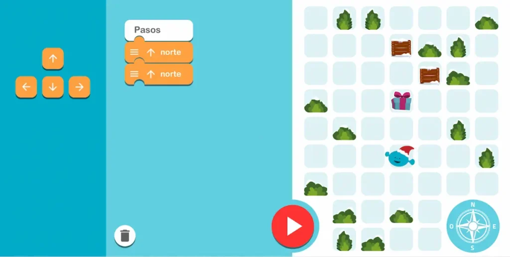 Interface de jeu éducatif avec grille, flèches de mouvement et boussole guidant le personnage vers un cadeau.