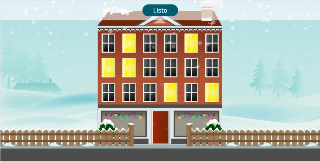 Bâtiment rouge de plusieurs étages avec des fenêtres éclairées, de la neige qui tombe, une clôture en bois et des décorations de Noël à l'entrée.