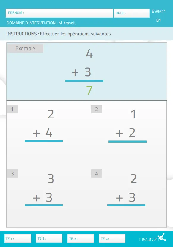 Capture d'écran de l'interface NeuronUP montrant l'activité Sommes – Niveau basique: additions en colonne et cases numérotées