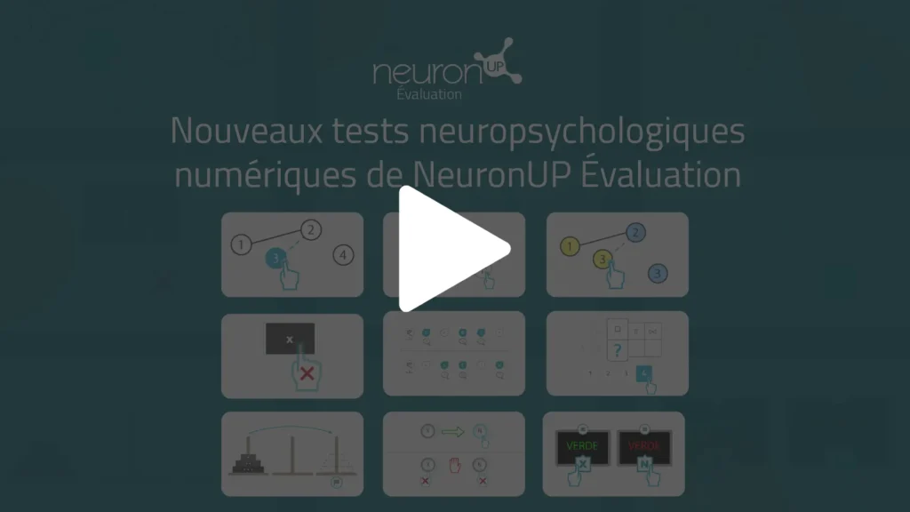 Interface promotionnelle des nouveaux tests neuropsychologiques NeuronUP, logo visible et bouton lecture sur fond bleu.