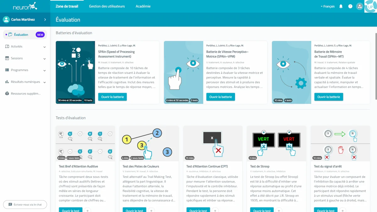 Interface de la plateforme NeuronUP Assessment en France